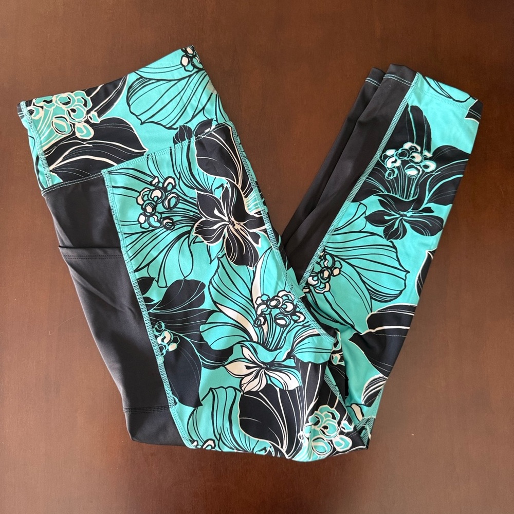 LuLaRoe Rise Collection Teal and Black Floral Leggings